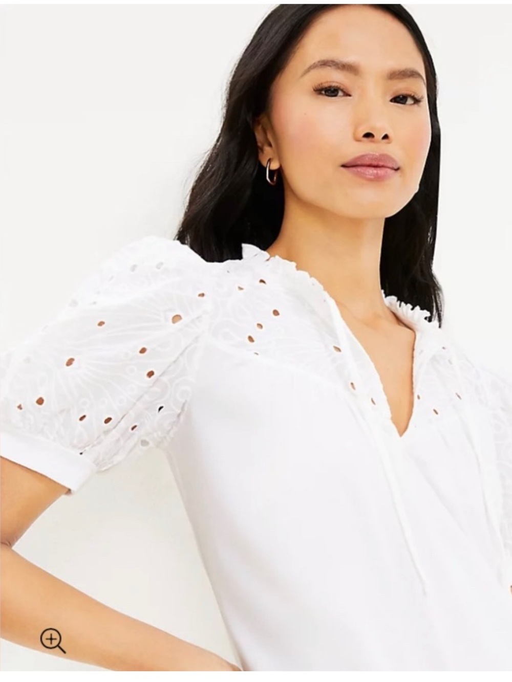 LOFT White Eyelet Tie-Neck Puff Sleeve Top - Picture 2 of 10